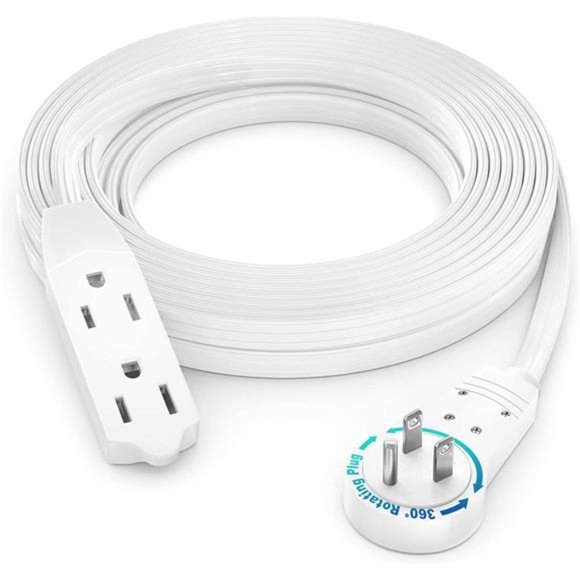 Cable 15 Ft 360° Rotating Flat Plug Extension Cord/Wire,  3 Outlet ExtensionWire - Picture 1 of 6